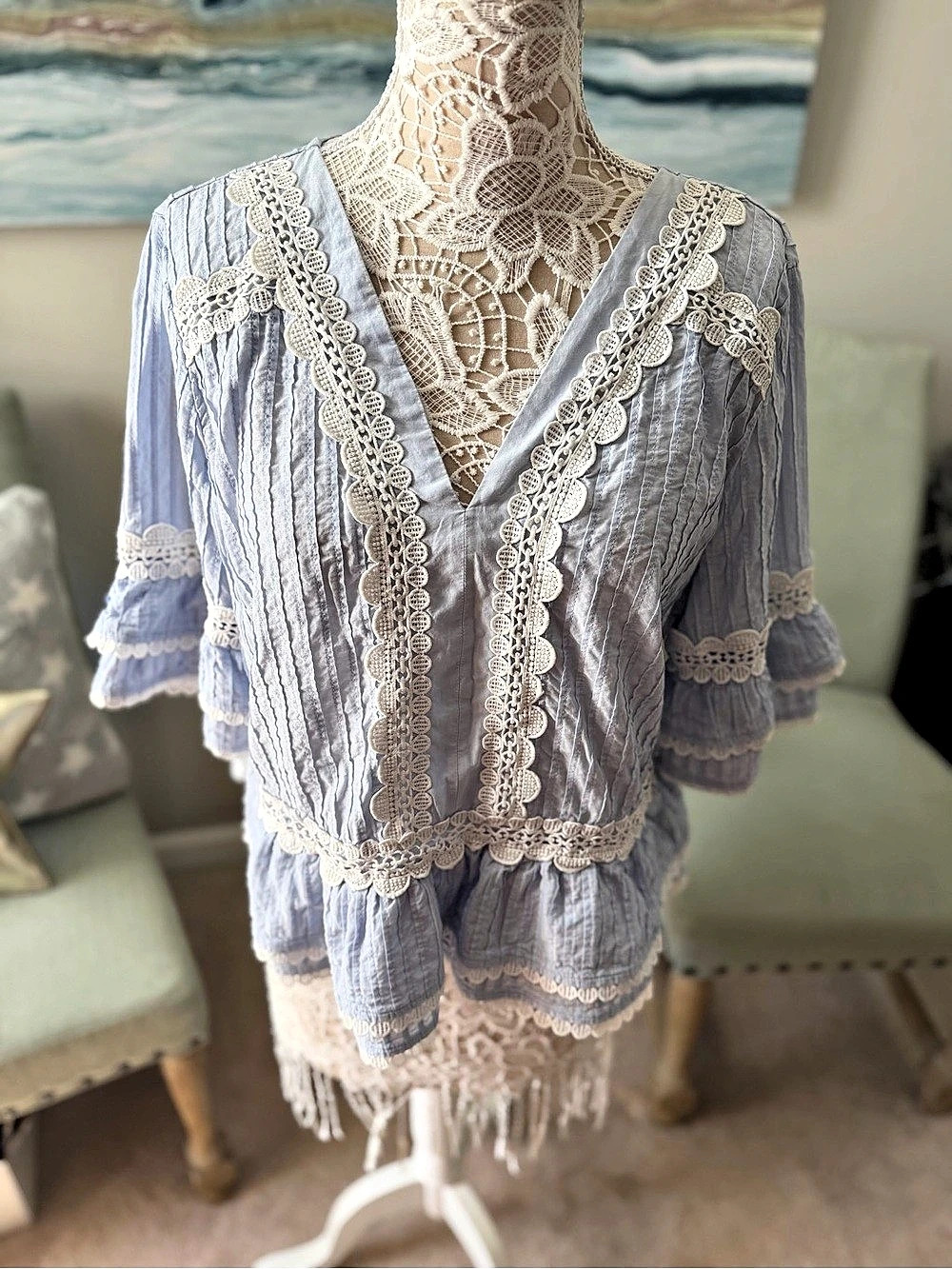J.Crew Lace Trim Peplum Blouse in Blue & White Size XL